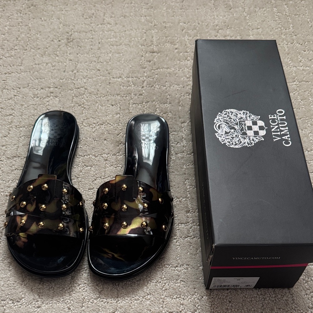 Vince Camuto Black and Tortoise Studded Slide Sandals